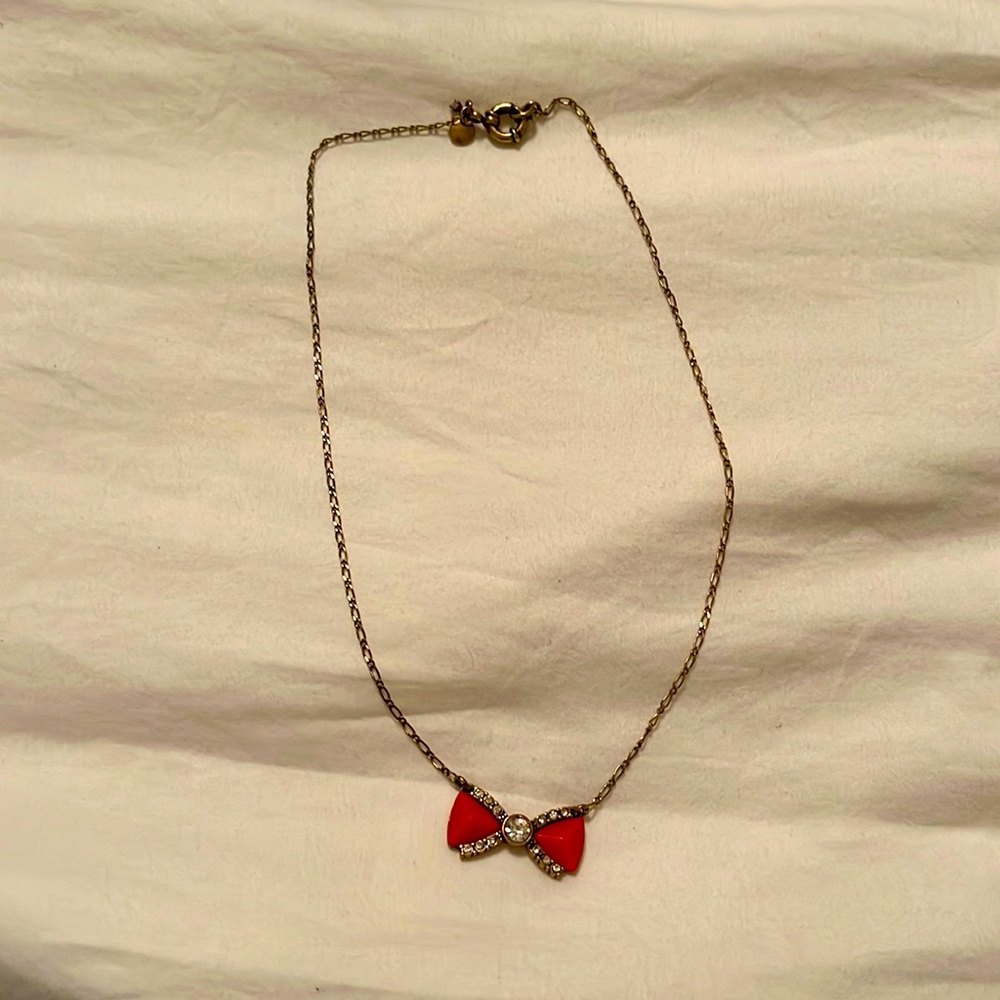 J crew gold tone bow tie chain rhinestone necklace 18”